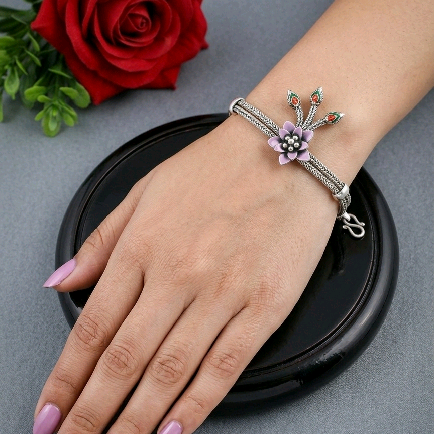 Silver Lotus Enamel Bracelet 